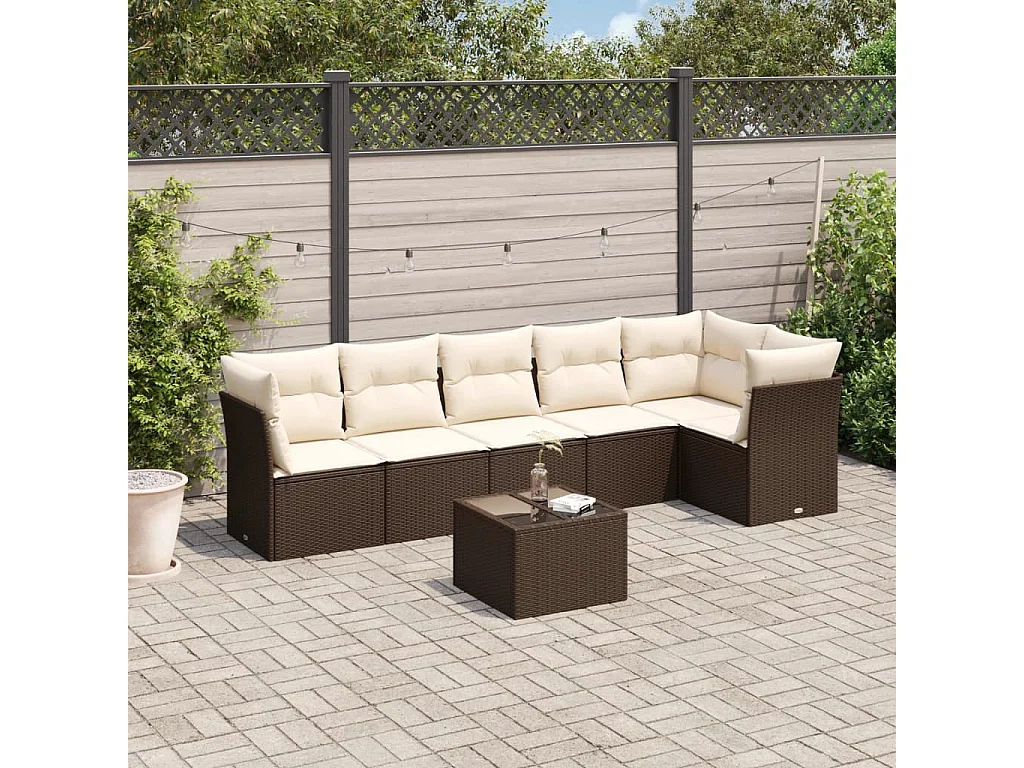 Salon de jardin avec coussins 7 pcs marron résine tressée