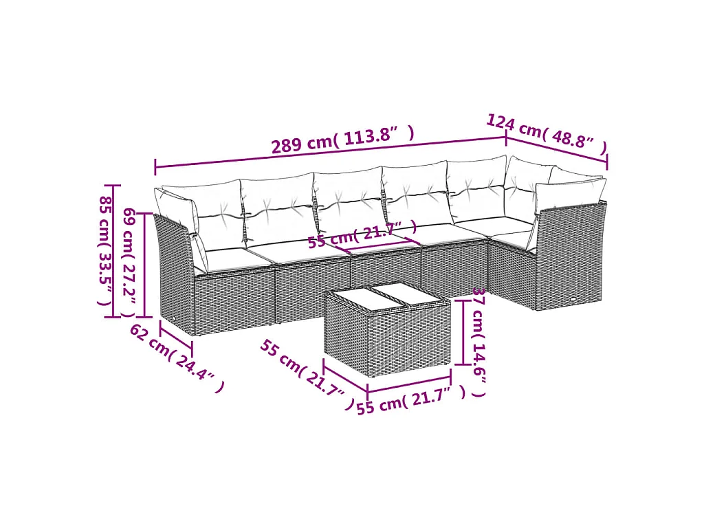 7-delige Loungeset met kussens poly rattan bruin