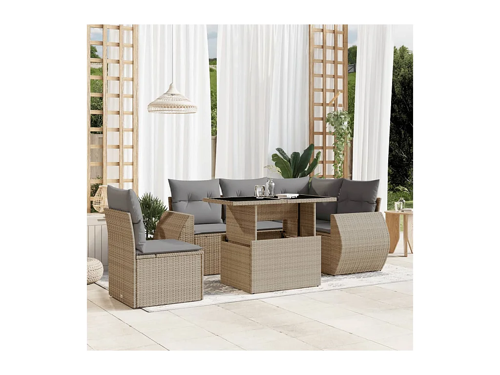 Set Divano da Giardino 6 pz con Cuscini Beige in Polyrattan