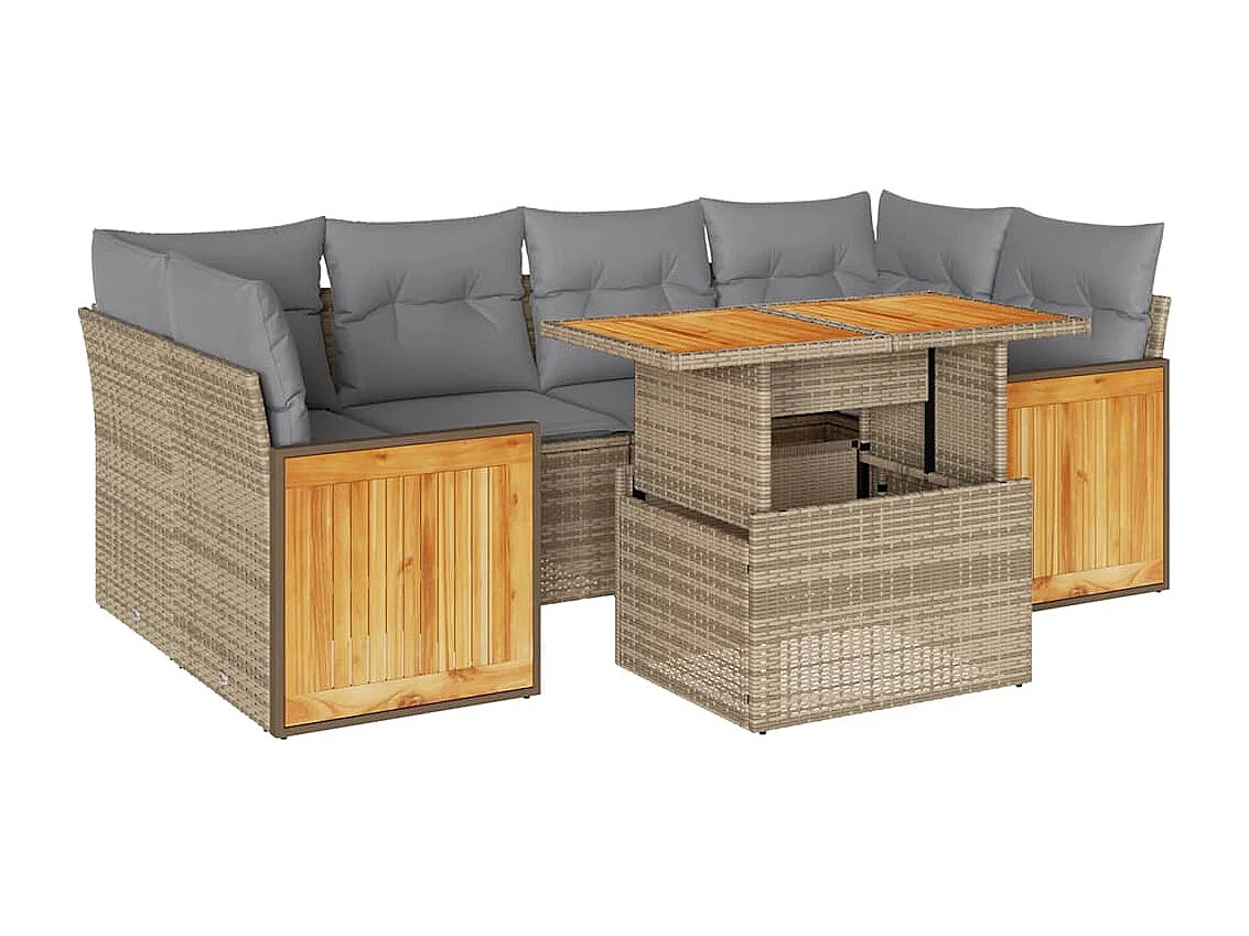 Salon de jardin avec coussins 7 pcs beige résine tressée acacia
