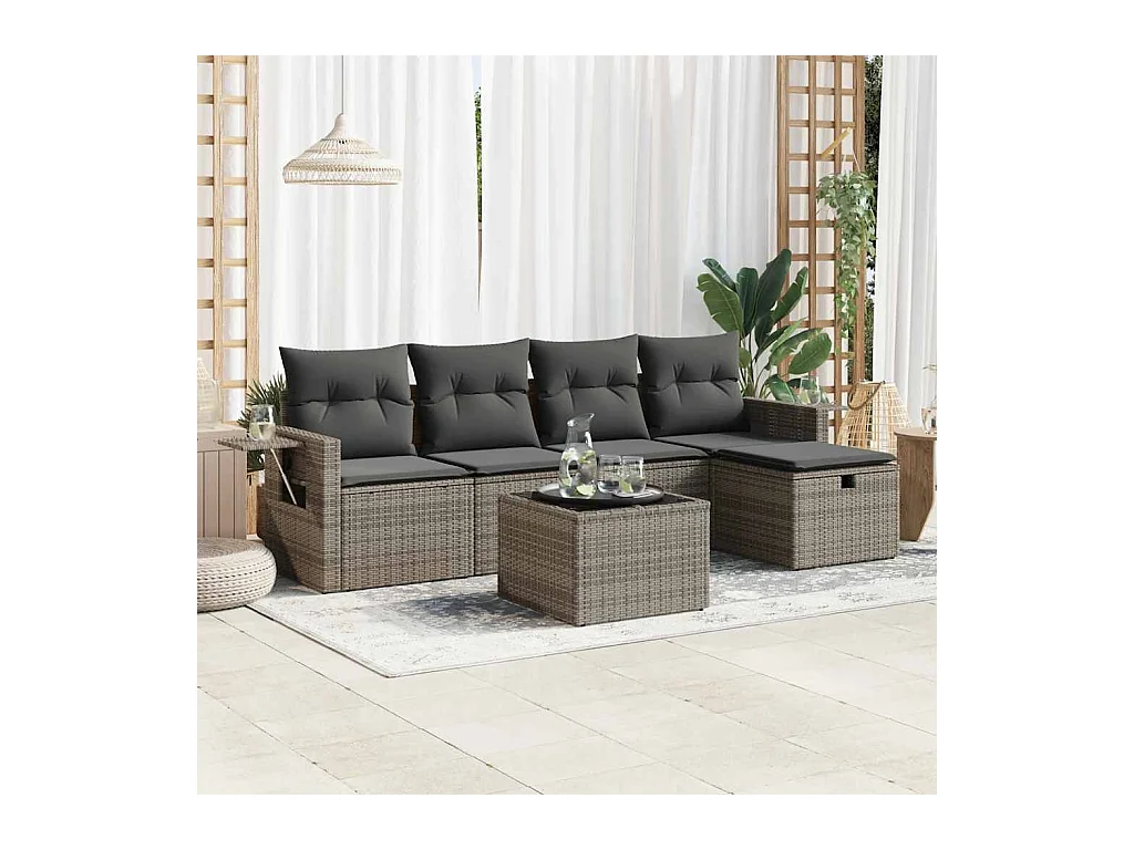 Salon de jardin 6 pcs avec coussins gris résine tressée