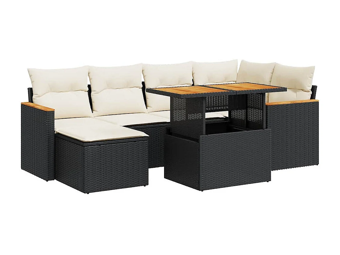 Set Divani da Giardino con Cuscini 7pz Nero Polyrattan Acacia