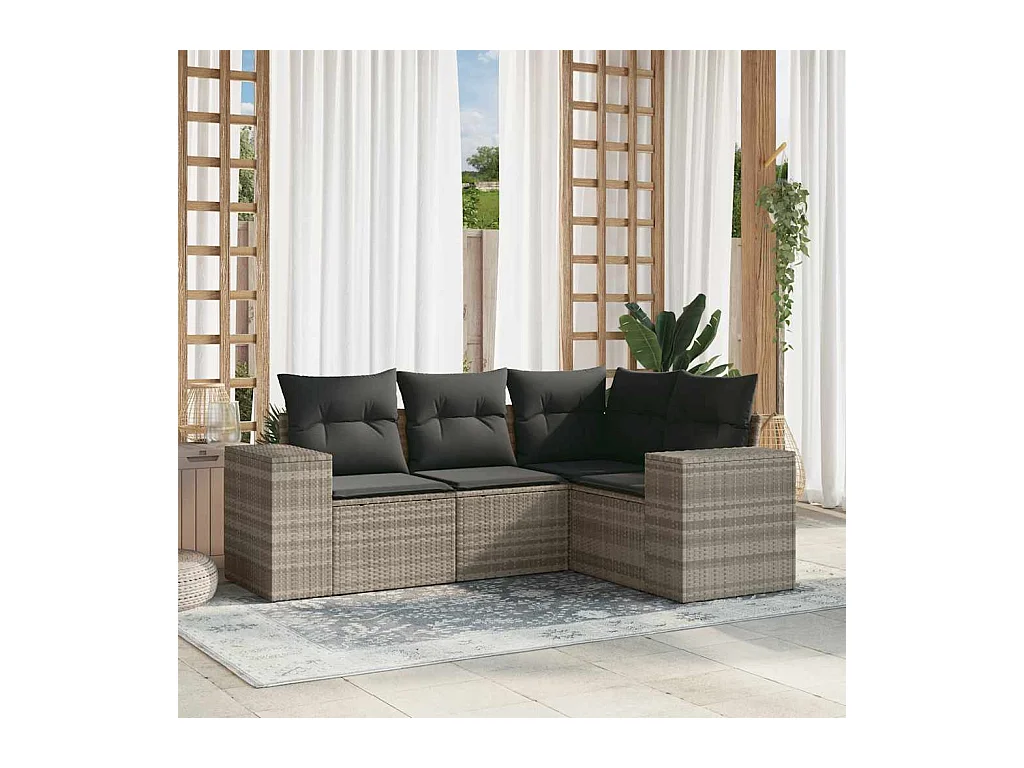 Salon de jardin 4 pcs avec coussins gris clair résine tressée