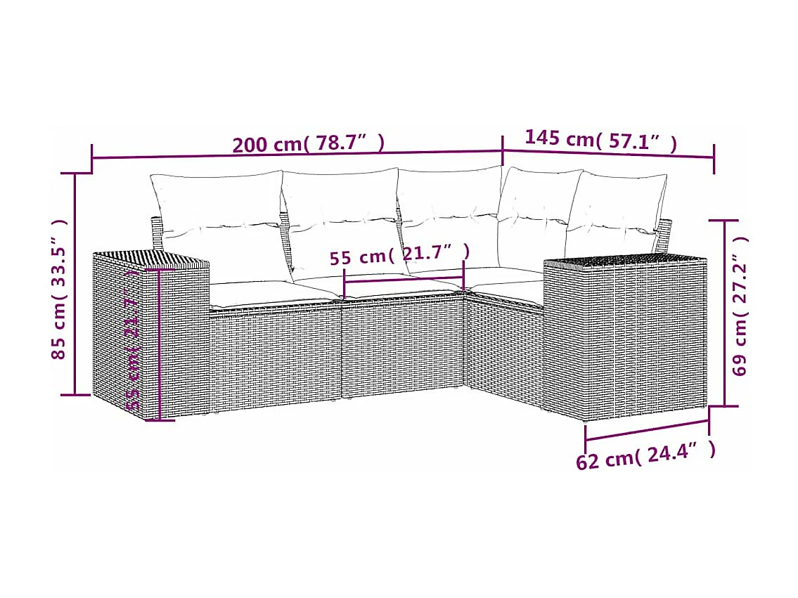 Salon de jardin 4 pcs avec coussins gris clair résine tressée