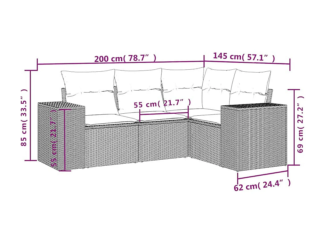 Set Divano da Giardino 4pz con Cuscini Grigio Chiaro Polyrattan