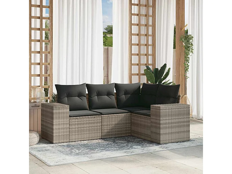 Salon de jardin 4 pcs avec coussins gris clair résine tressée