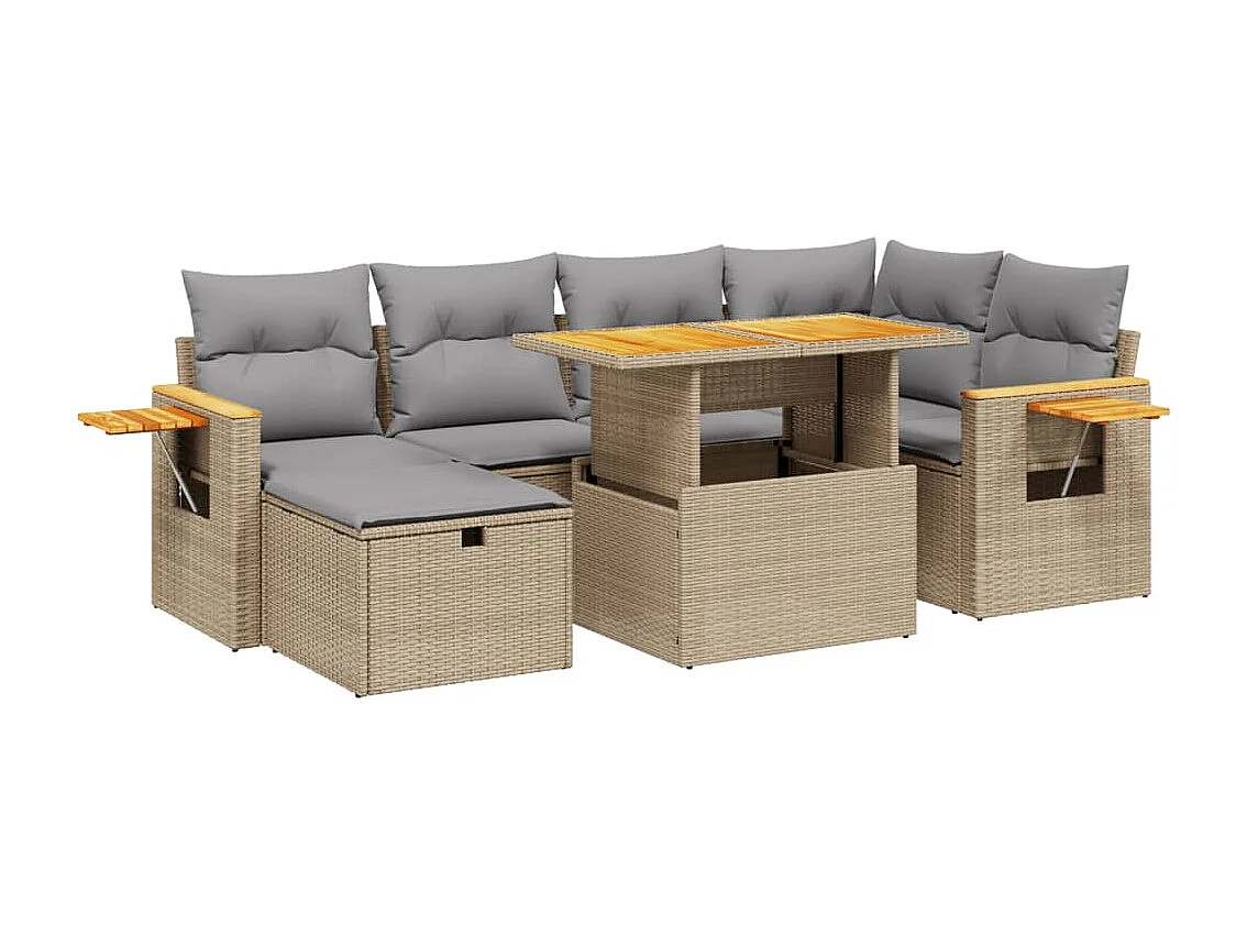 7 pcs conjunto de sofás p/ jardim com almofadões vime PE bege