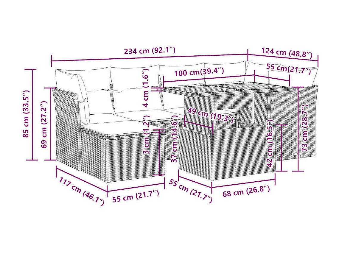 7-tlg. Garten-Sofagarnitur mit Kissen Schwarz Poly Rattan