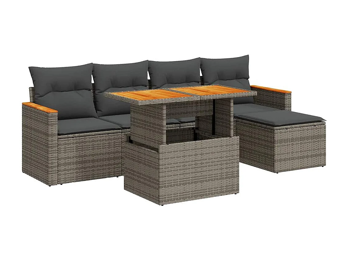 6-tlg. Garten-Sofagarnitur mit Kissen Grau Poly Rattan Akazie