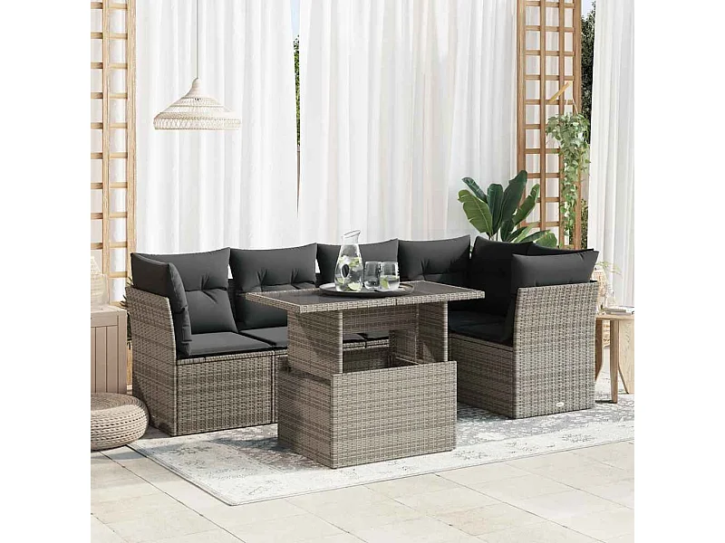 Salon de jardin 6 pcs avec coussins gris résine tressée