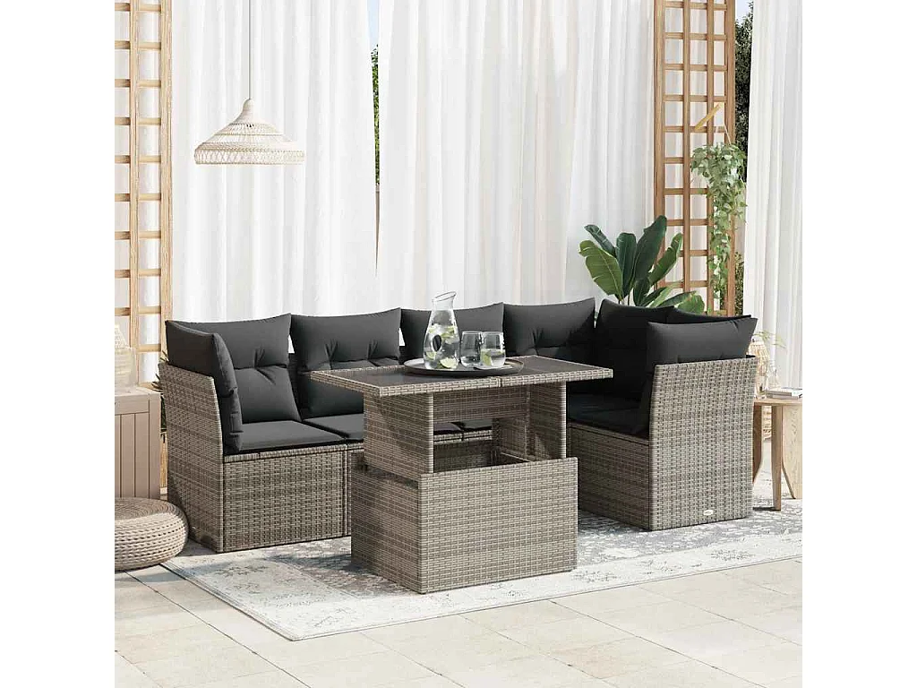 Salon de jardin 6 pcs avec coussins gris résine tressée