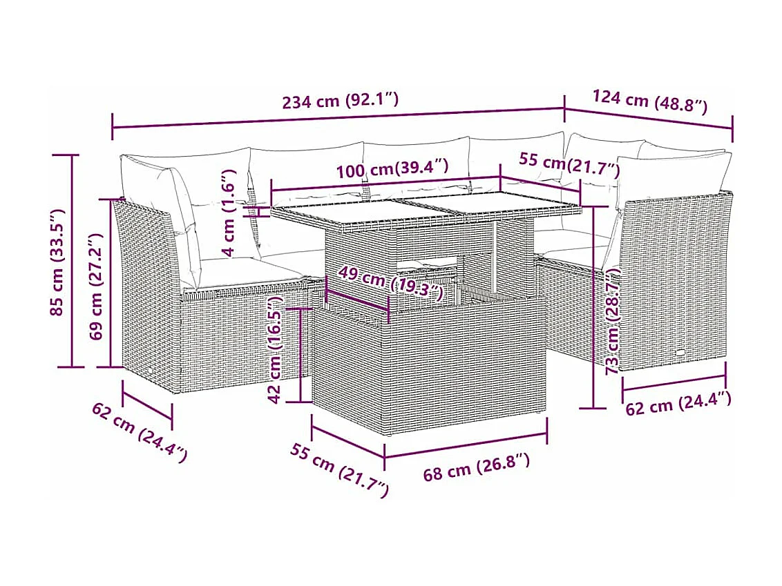 Salon de jardin 6 pcs avec coussins gris résine tressée