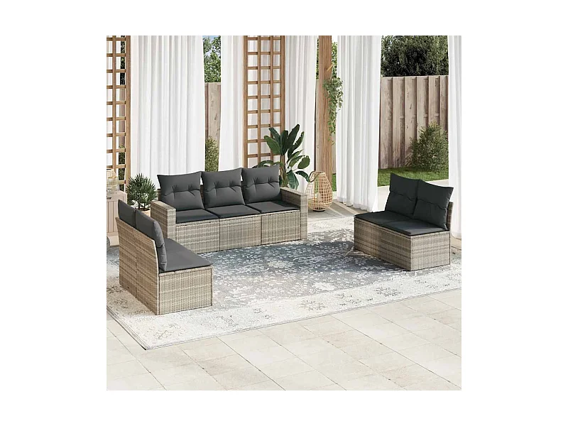 Set Divani da Giardino 7pz con Cuscini Grigio Chiaro Polyrattan