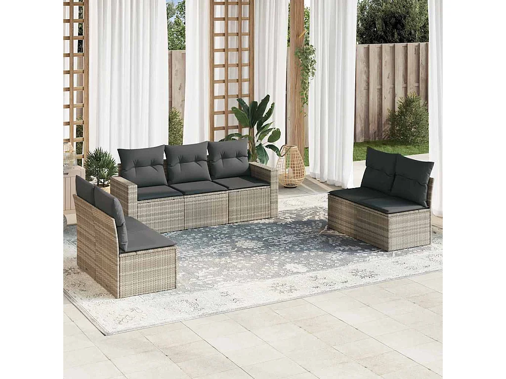 7-tlg. Garten-Sofagarnitur mit Kissen Hellgrau Poly Rattan