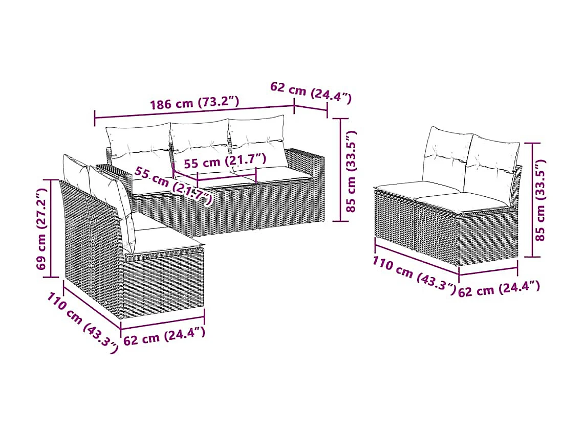 7-tlg. Garten-Sofagarnitur mit Kissen Hellgrau Poly Rattan