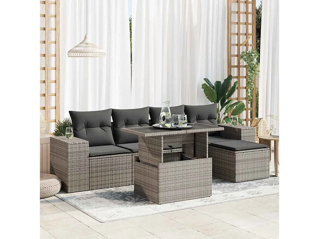 Set de muebles de jardín 6 pzas y cojines ratán sintético gris