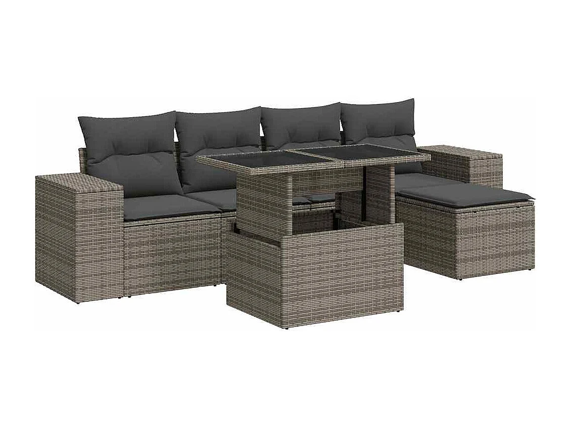 Set de muebles de jardín 6 pzas y cojines ratán sintético gris