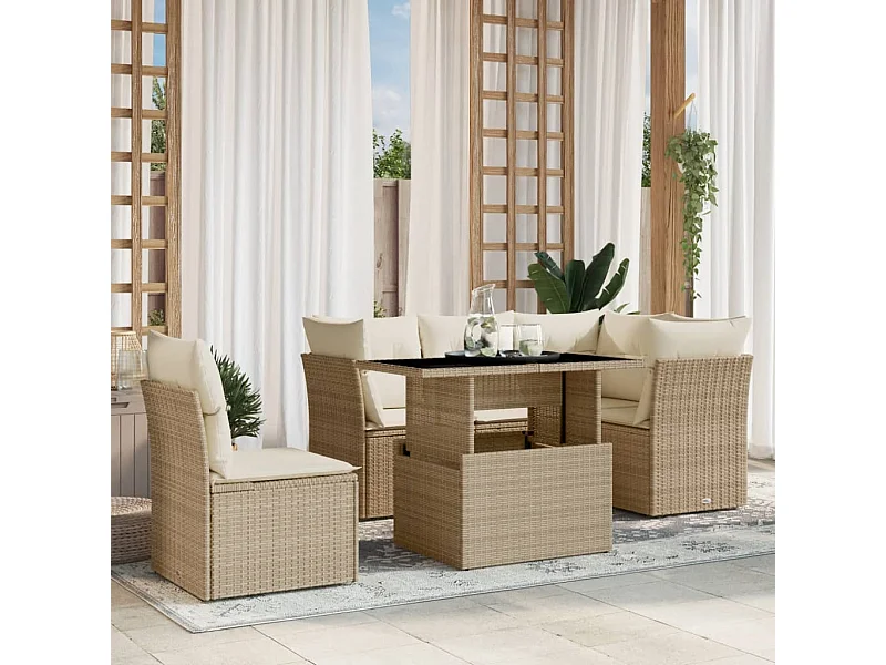 Set Divano da Giardino 6 pz con Cuscini Beige in Polyrattan