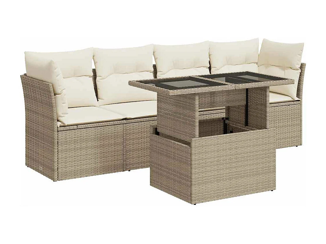 5-tlg. Garten-Sofagarnitur mit Kissen Beige Poly Rattan