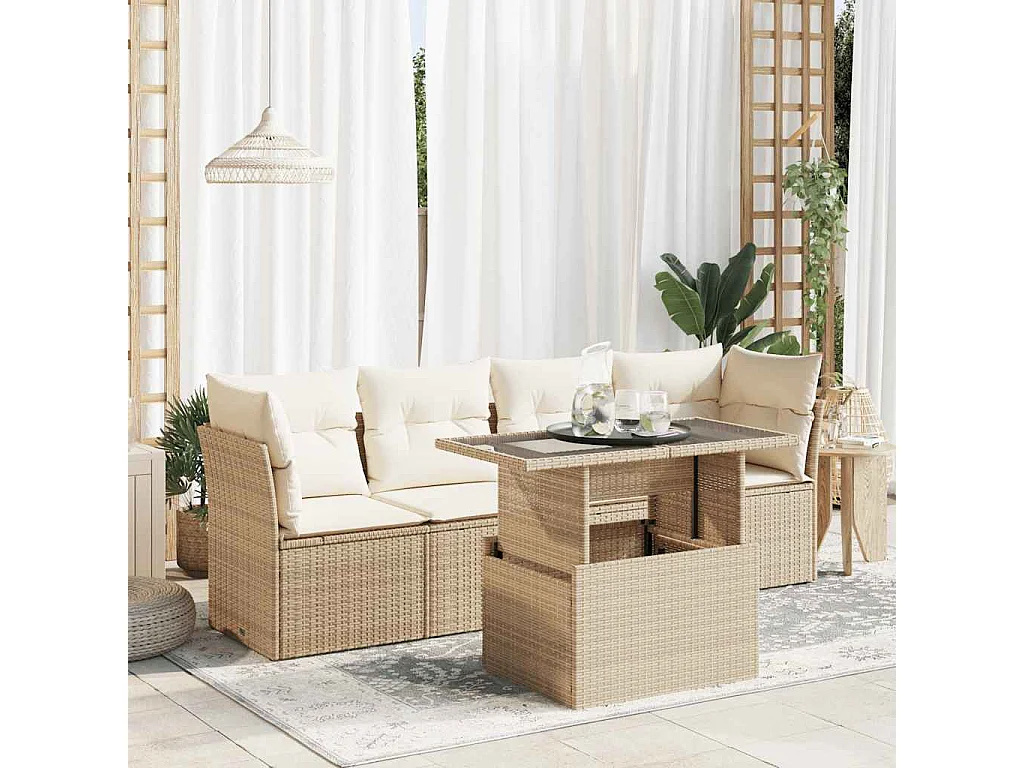 5-tlg. Garten-Sofagarnitur mit Kissen Beige Poly Rattan
