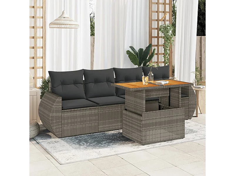 Set Divano da Giardino 5 pz con Cuscini Grigio in Polyrattan