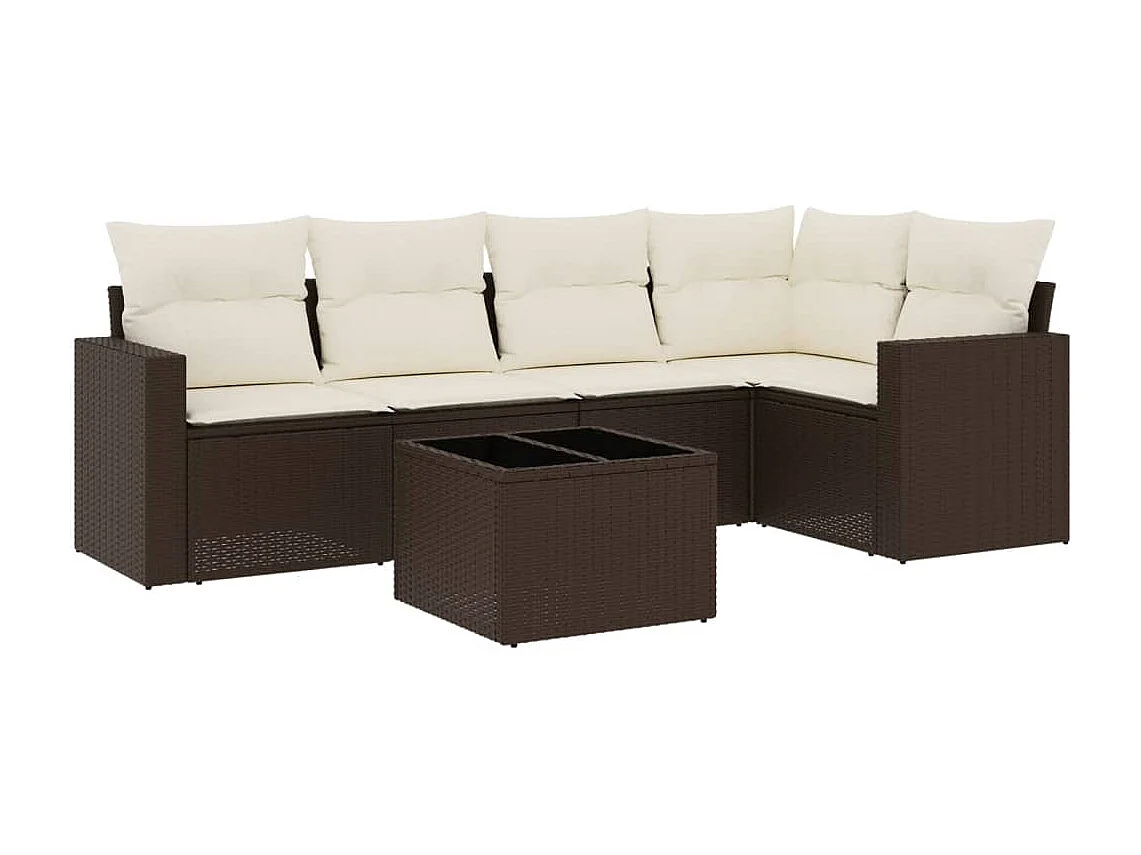 6 pcs conjunto de sofás jardim c/ almofadões vime PE castanho