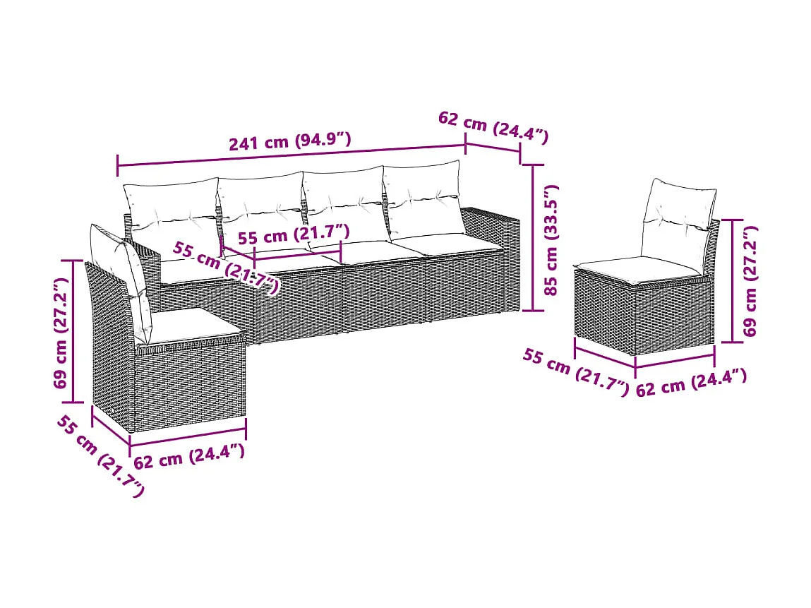 Salon de jardin 6 pcs avec coussins gris clair résine tressée