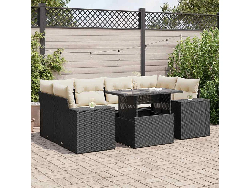 7 pcs conjunto de sofás p/ jardim c/ almofadões vime PE preto