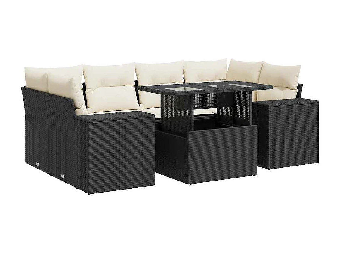 7-delige Loungeset met kussens poly rattan zwart