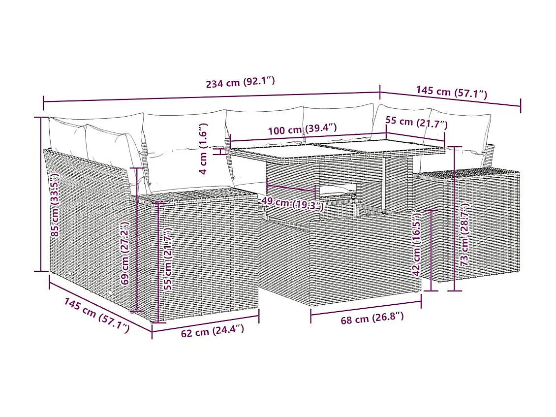 7-delige Loungeset met kussens poly rattan zwart