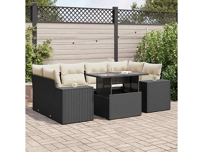 7 pcs conjunto de sofás p/ jardim c/ almofadões vime PE preto