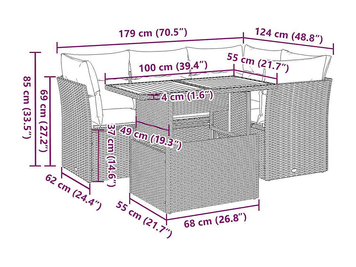 Salon de jardin 5 pcs avec coussins gris résine tressée