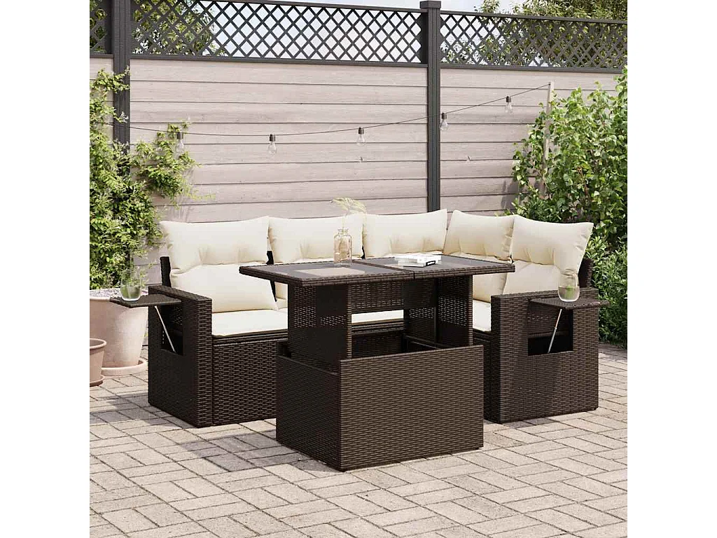 Salon de jardin avec coussins 5 pcs marron résine tressée