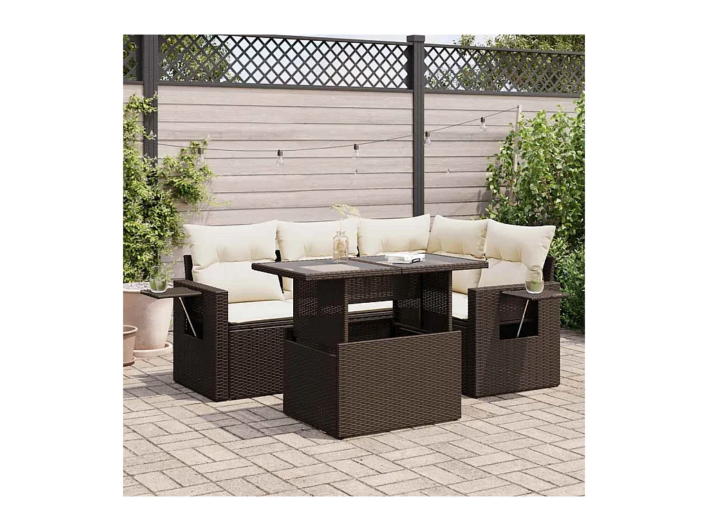 5-tlg. Garten-Sofagarnitur mit Kissen Braun Poly Rattan