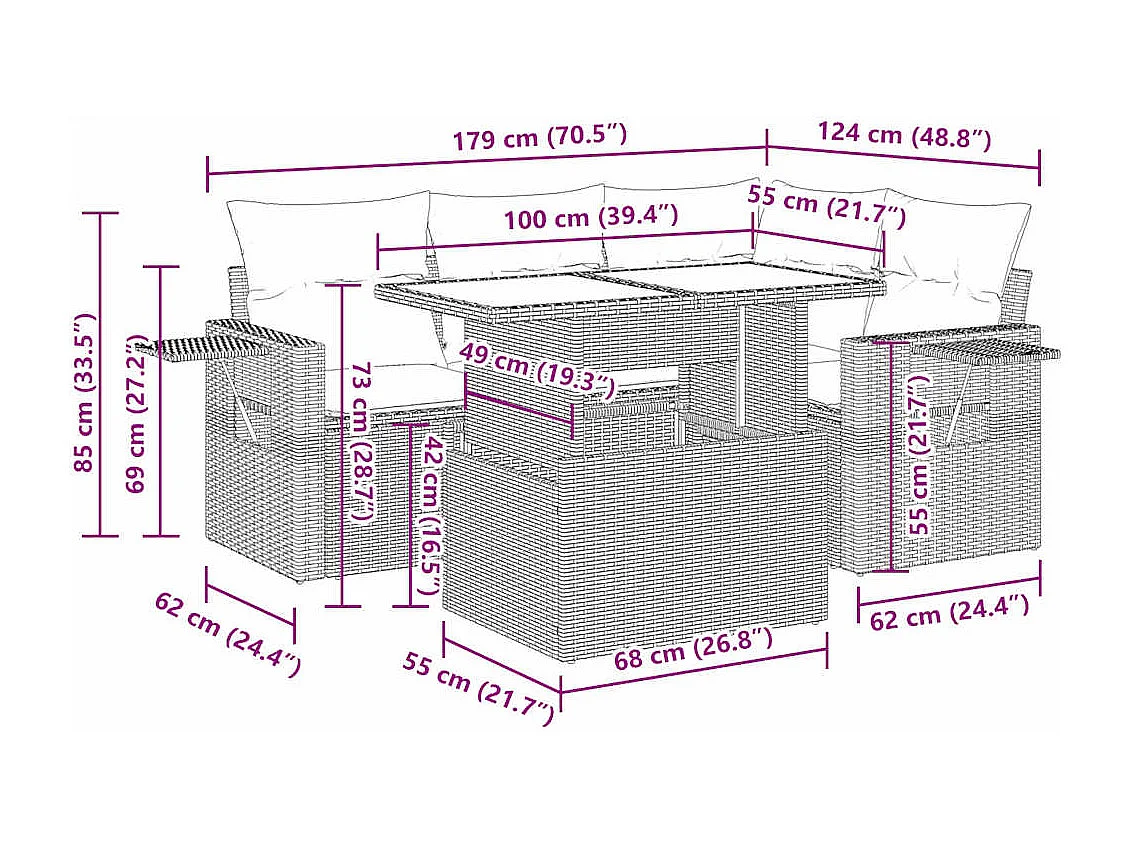 Set comedor de jardín 5 piezas y cojines ratán sintético marrón