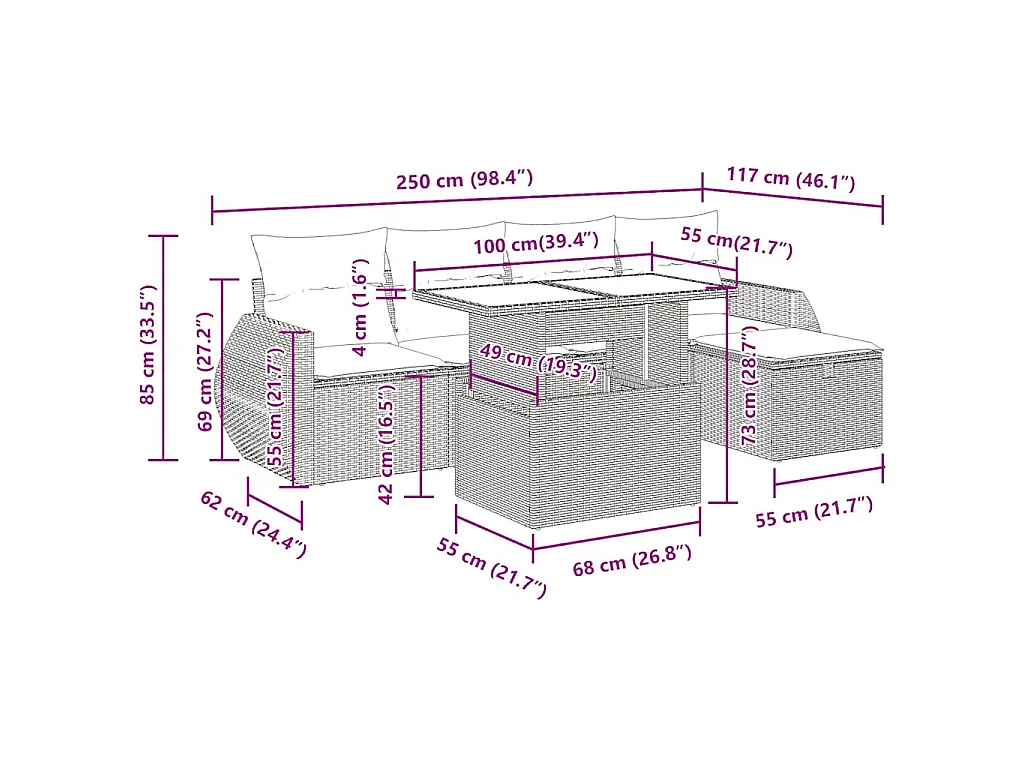 6-tlg. Garten-Sofagarnitur mit Kissen Schwarz Poly Rattan