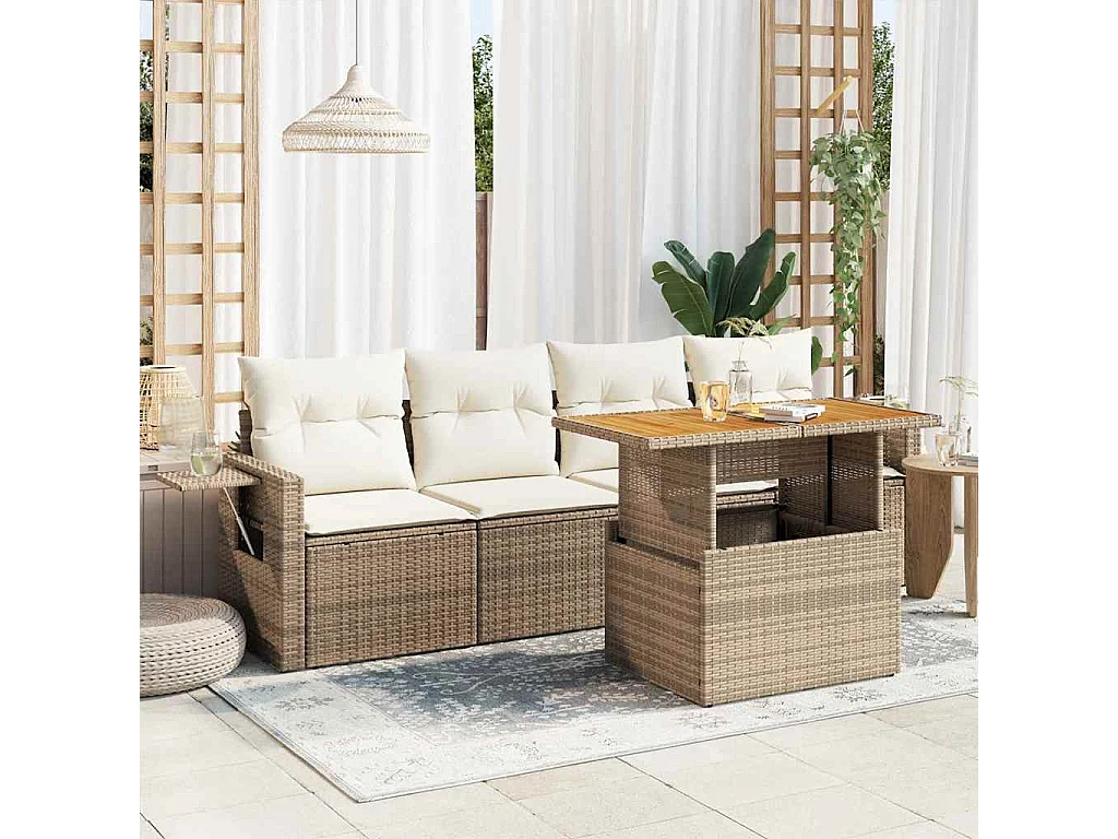 Salon de jardin avec coussins 5 pcs beige résine tressée
