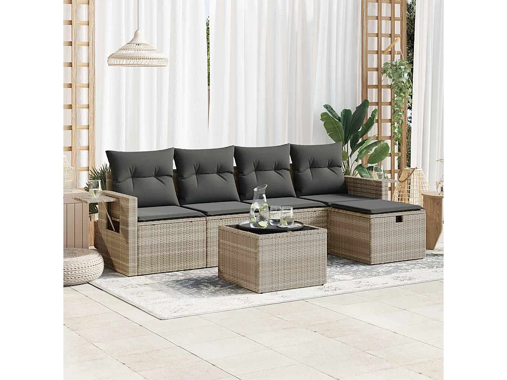 Salon de jardin 6 pcs avec coussins gris clair résine tressée