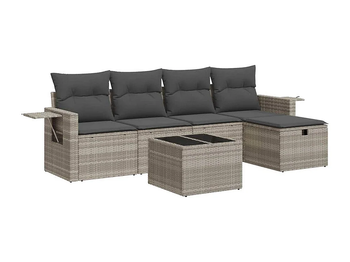 Salon de jardin 6 pcs avec coussins gris clair résine tressée