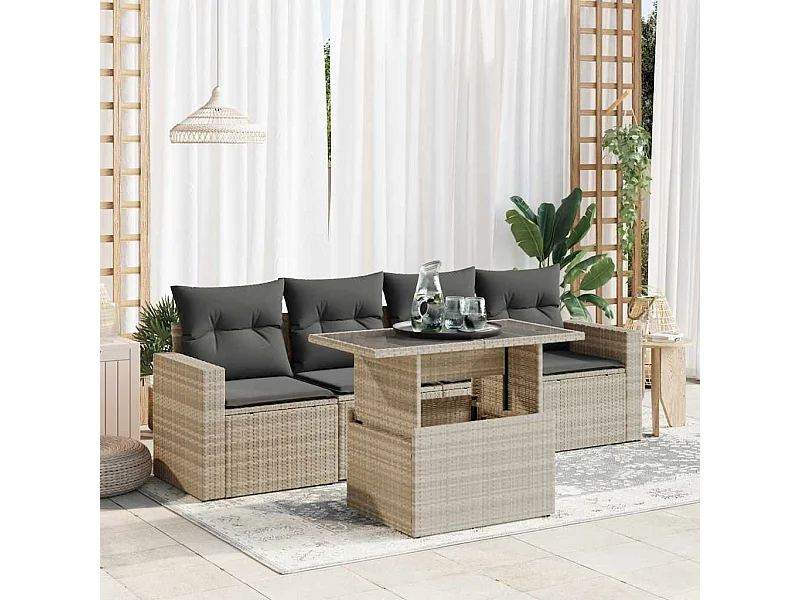 Set Divano da Giardino 5pz con Cuscini Grigio Chiaro Polyrattan