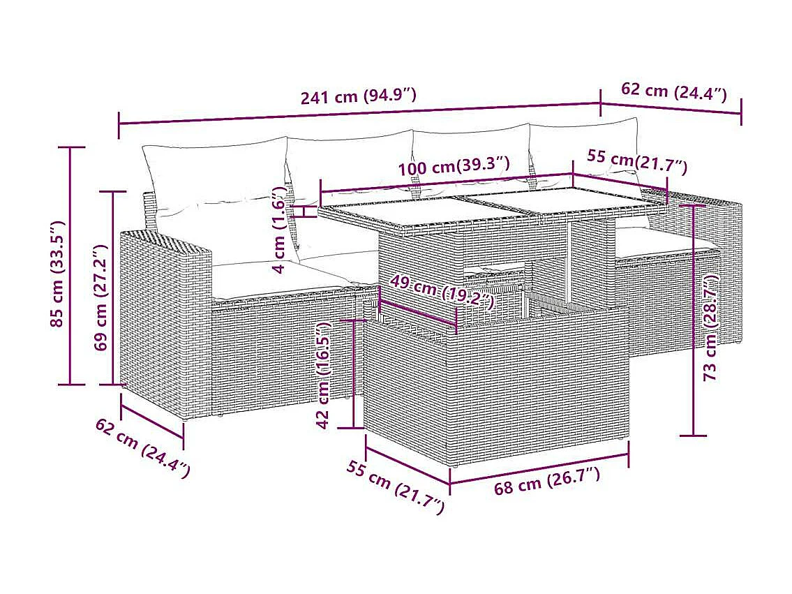 Salon de jardin 5 pcs avec coussins gris clair résine tressée