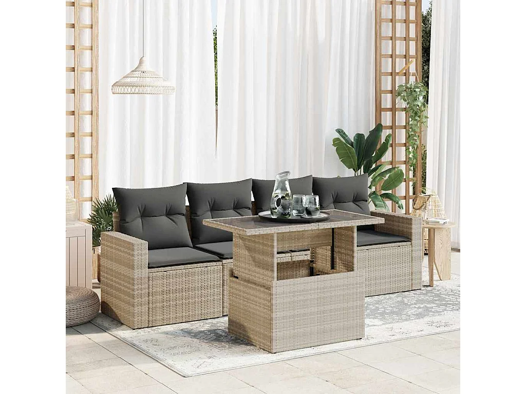 5-tlg. Garten-Sofagarnitur mit Kissen Hellgrau Poly Rattan