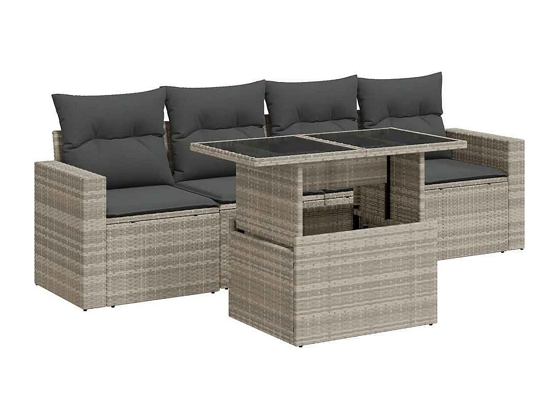 5-tlg. Garten-Sofagarnitur mit Kissen Hellgrau Poly Rattan