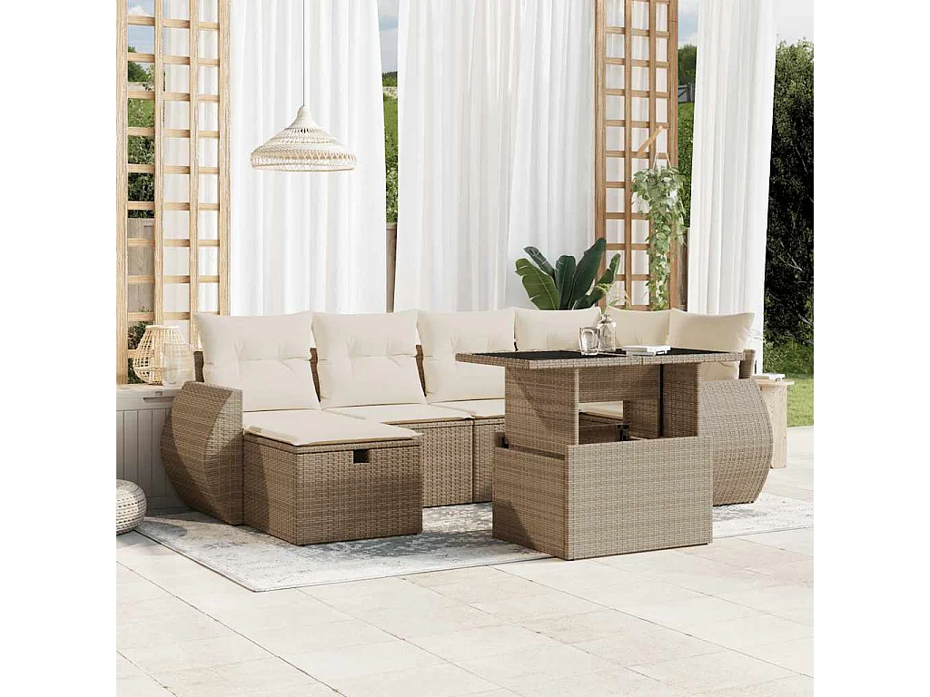 7-tlg. Garten-Sofagarnitur mit Kissen Beige Poly Rattan