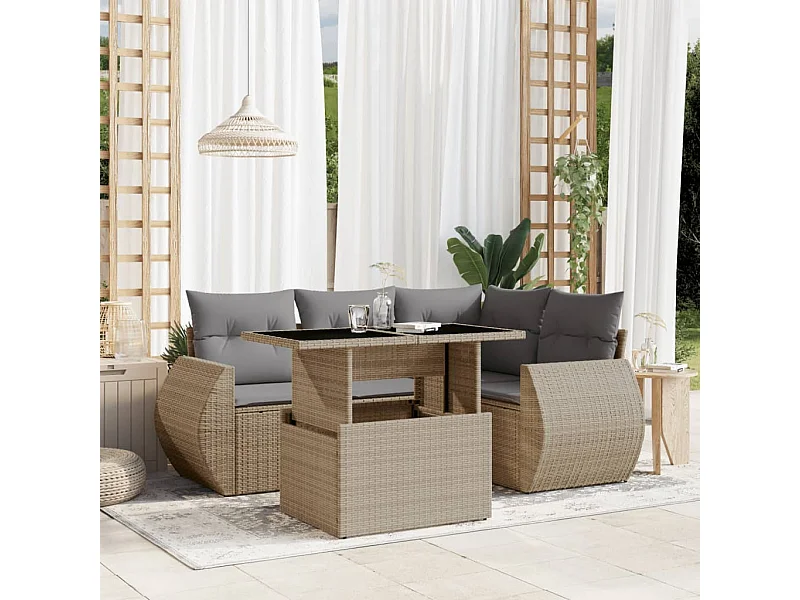 5 pcs conjunto de sofás p/ jardim com almofadões vime PE bege