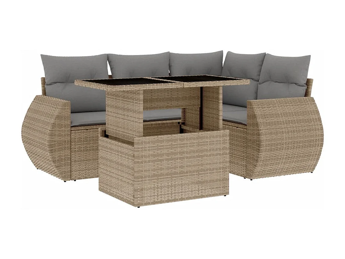 Salon de jardin avec coussins 5 pcs beige résine tressée