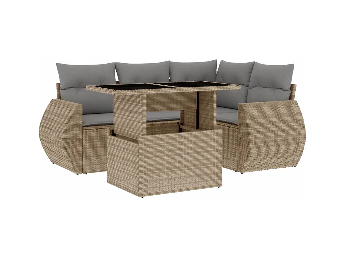 5-tlg. Garten-Sofagarnitur mit Kissen Beige Poly Rattan