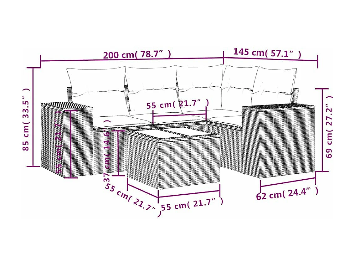 Salon de jardin 5 pcs avec coussins gris clair résine tressée