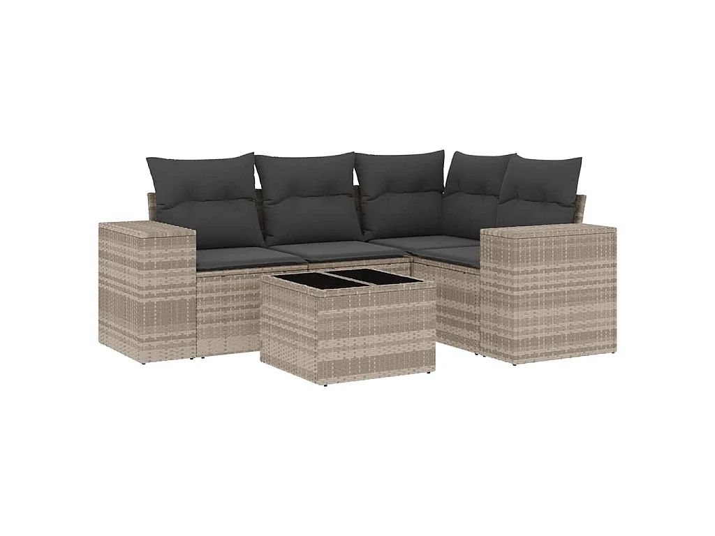 Set Divano da Giardino 5pz con Cuscini Grigio Chiaro Polyrattan