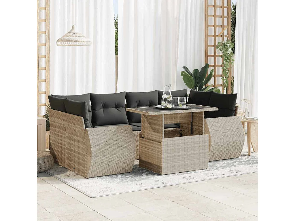 Set Divani da Giardino 7pz con Cuscini Grigio Chiaro Polyrattan